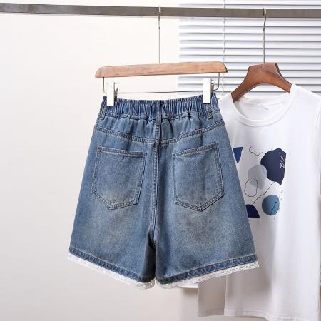 BY15492# 夏款大码松紧腰宽松蕾丝阔腿四分牛仔短裤胖MM显瘦高A字热裤 服裝批發女裝批發服飾貨源