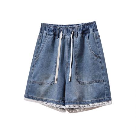 BY15492# 夏款大码松紧腰宽松蕾丝阔腿四分牛仔短裤胖MM显瘦高A字热裤 服裝批發女裝批發服飾貨源