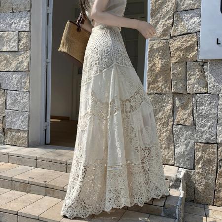 BY15496# 重工钩花镂空蕾丝半身裙女夏季中长款松紧腰显瘦大摆a字长裙 服裝批發女裝批發服飾貨源