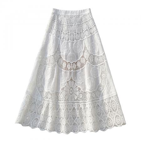 BY15496# 重工钩花镂空蕾丝半身裙女夏季中长款松紧腰显瘦大摆a字长裙 服裝批發女裝批發服飾貨源