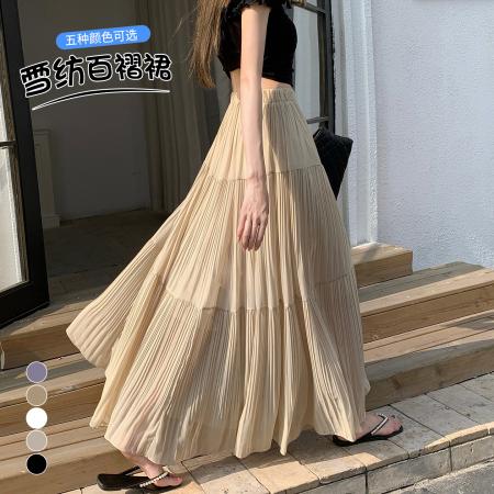 雪纺网纱百褶半身裙女夏季高腰显...
