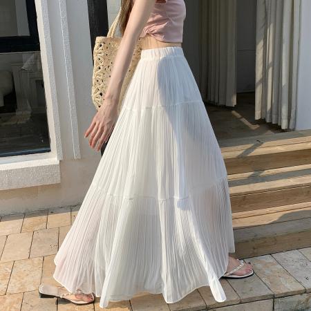 BY15497# 雪纺网纱百褶半身裙女夏季高腰显瘦垂感a字伞裙大摆长裙 服裝批發女裝批發服飾貨源