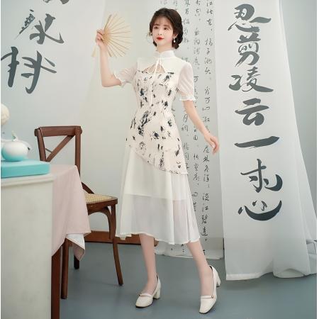 BY15498# 新中式改良版旗袍年轻款少女夏季新款气质显瘦雪纺连衣裙女 服裝批發女裝批發服飾貨源