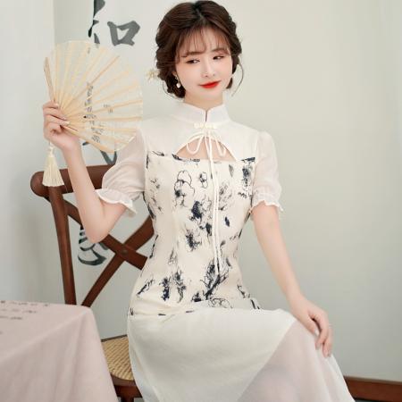 BY15498# 新中式改良版旗袍年轻款少女夏季新款气质显瘦雪纺连衣裙女 服裝批發女裝批發服飾貨源