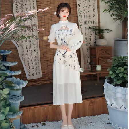 BY15498# 新中式改良版旗袍年轻款少女夏季新款气质显瘦雪纺连衣裙女 服裝批發女裝批發服飾貨源
