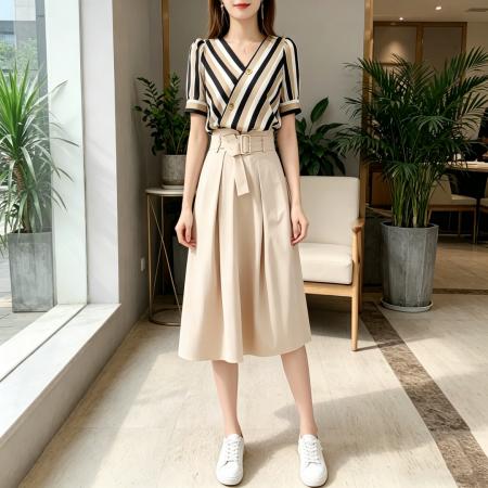 BY15499# 夏季新款条纹两件套女时尚气质套装裙显瘦休闲高腰系带裙子女 服裝批發女裝批發服飾貨源