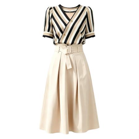 BY15499# 夏季新款条纹两件套女时尚气质套装裙显瘦休闲高腰系带裙子女 服裝批發女裝批發服飾貨源