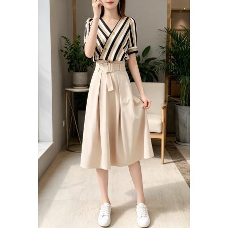 BY15499# 夏季新款条纹两件套女时尚气质套装裙显瘦休闲高腰系带裙子女 服裝批發女裝批發服飾貨源