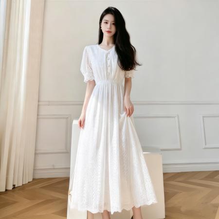 BY15504# 新款蕾丝连衣裙女仙女超仙森系裙子长款法式收腰气质长裙夏季 服裝批發女裝批發服飾貨源