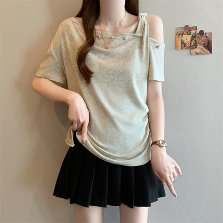 BY15505# 大码女装夏季新款时尚洋气印染露肩短袖上衣 服裝批發女裝批發服飾貨源