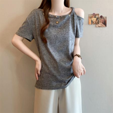 BY15505# 大码女装夏季新款时尚洋气印染露肩短袖上衣 服裝批發女裝批發服飾貨源