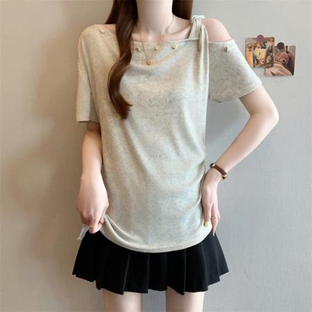 BY15505# 大码女装夏季新款时尚洋气印染露肩短袖上衣 服裝批發女裝批發服飾貨源