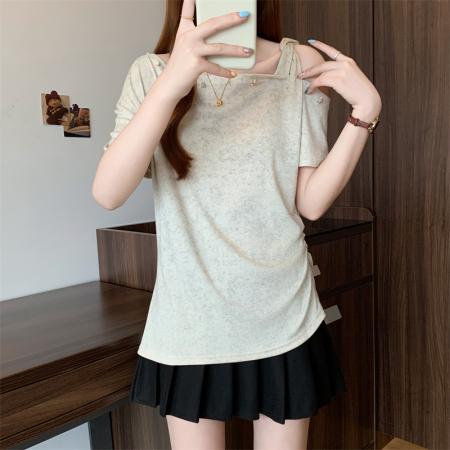 BY15505# 大码女装夏季新款时尚洋气印染露肩短袖上衣 服裝批發女裝批發服飾貨源