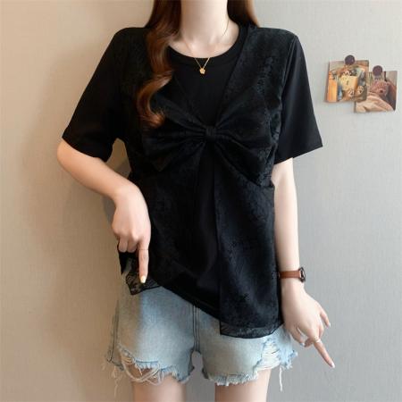 BY15506# 大码女装假两件蕾丝蝴蝶结拼接短袖T恤正肩独特显瘦上衣 服裝批發女裝批發服飾貨源