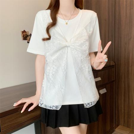 BY15506# 大码女装假两件蕾丝蝴蝶结拼接短袖T恤正肩独特显瘦上衣 服裝批發女裝批發服飾貨源
