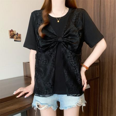 BY15506# 大码女装假两件蕾丝蝴蝶结拼接短袖T恤正肩独特显瘦上衣 服裝批發女裝批發服飾貨源