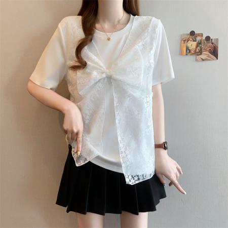 BY15506# 大码女装假两件蕾丝蝴蝶结拼接短袖T恤正肩独特显瘦上衣 服裝批發女裝批發服飾貨源