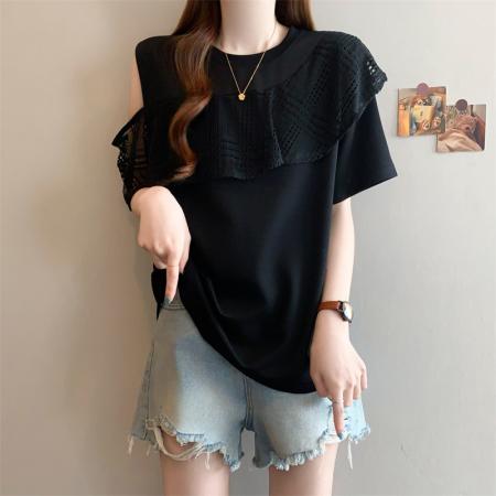 BY15507# 大码女装夏季新款荷叶边露肩网纱拼接短袖T恤宽松显瘦上衣 服裝批發女裝批發服飾貨源