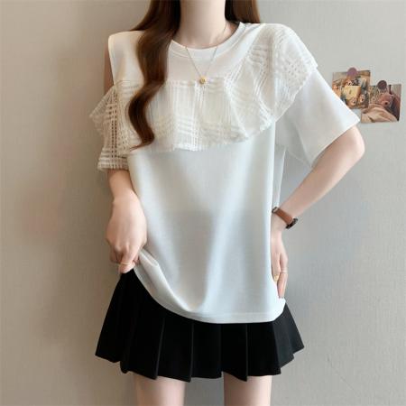 BY15507# 大码女装夏季新款荷叶边露肩网纱拼接短袖T恤宽松显瘦上衣 服裝批發女裝批發服飾貨源
