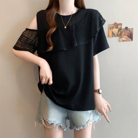 BY15507# 大码女装夏季新款荷叶边露肩网纱拼接短袖T恤宽松显瘦上衣 服裝批發女裝批發服飾貨源
