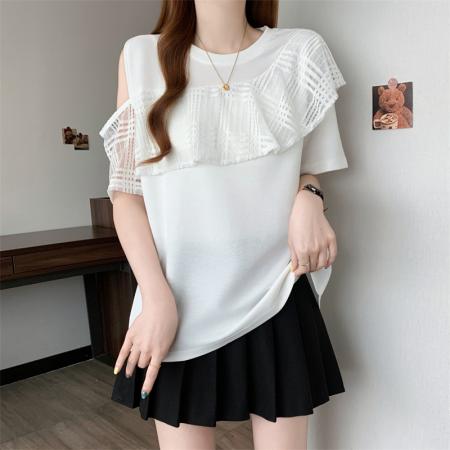 BY15507# 大码女装夏季新款荷叶边露肩网纱拼接短袖T恤宽松显瘦上衣 服裝批發女裝批發服飾貨源