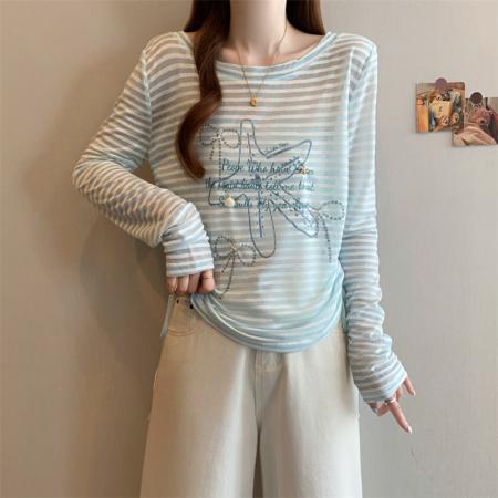 BY15508# 大码女装蓝色露背条纹罩衫韩系甜美度假长袖抽绳防晒衣 服裝批發女裝批發服飾貨源