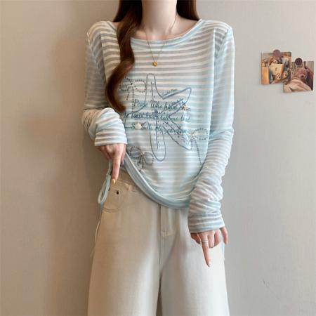 BY15508# 大码女装蓝色露背条纹罩衫韩系甜美度假长袖抽绳防晒衣 服裝批發女裝批發服飾貨源