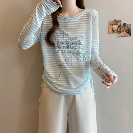 BY15508# 大码女装蓝色露背条纹罩衫韩系甜美度假长袖抽绳防晒衣 服裝批發女裝批發服飾貨源