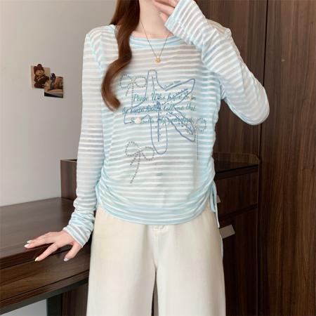 BY15508# 大码女装蓝色露背条纹罩衫韩系甜美度假长袖抽绳防晒衣 服裝批發女裝批發服飾貨源