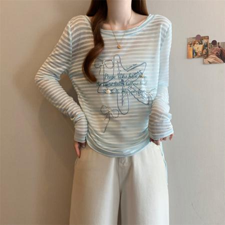 BY15508# 大码女装蓝色露背条纹罩衫韩系甜美度假长袖抽绳防晒衣 服裝批發女裝批發服飾貨源