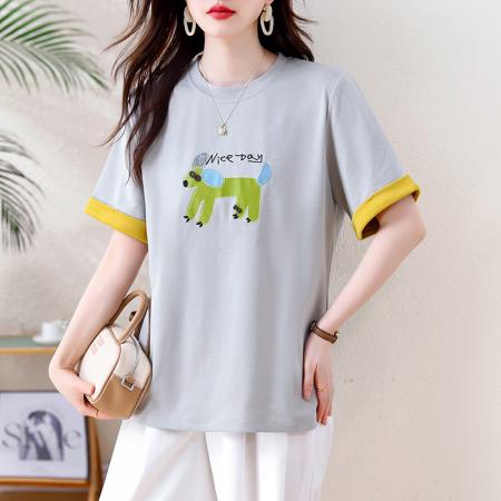 BY15509# 洋气拼接印花+刺绣短袖T恤女春季新款女装大码欧货宽松上衣 服裝批發女裝批發服飾貨源