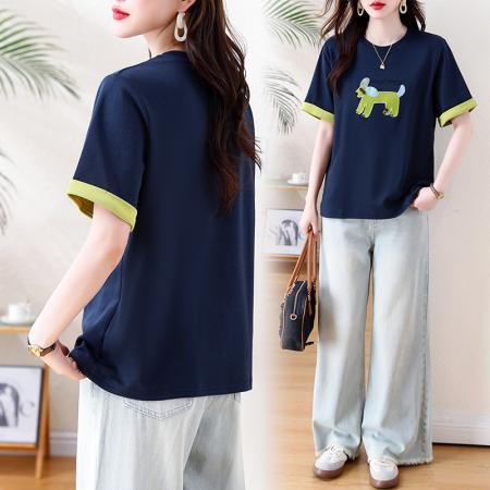 BY15509# 洋气拼接印花+刺绣短袖T恤女春季新款女装大码欧货宽松上衣 服裝批發女裝批發服飾貨源