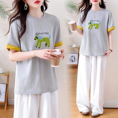 BY15509# 洋气拼接印花+刺绣短袖T恤女春季新款女装大码欧货宽松上衣 服裝批發女裝批發服飾貨源