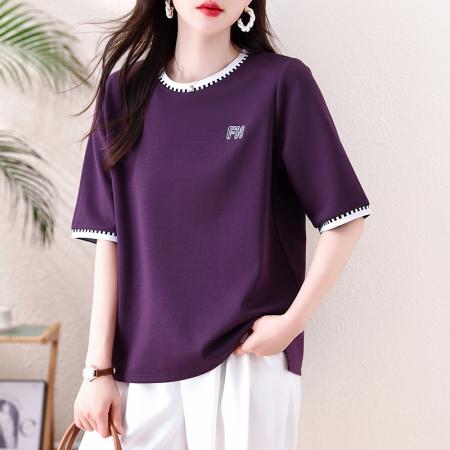 BY15510# 新款撞色圆领T恤女紫色宽松中袖简约刺绣显瘦百搭胖MM打底衫 服裝批發女裝批發服飾貨源