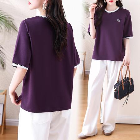 BY15510# 新款撞色圆领T恤女紫色宽松中袖简约刺绣显瘦百搭胖MM打底衫 服裝批發女裝批發服飾貨源