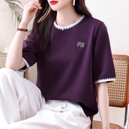 BY15510# 新款撞色圆领T恤女紫色宽松中袖简约刺绣显瘦百搭胖MM打底衫 服裝批發女裝批發服飾貨源