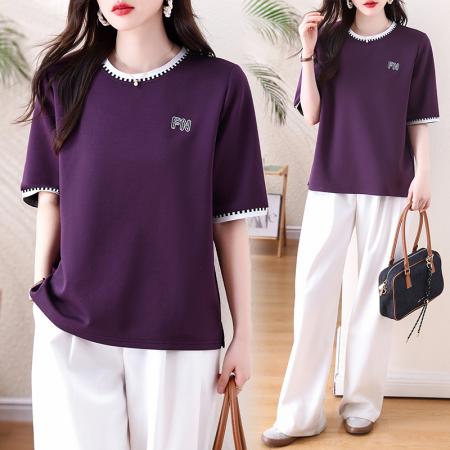 BY15510# 新款撞色圆领T恤女紫色宽松中袖简约刺绣显瘦百搭胖MM打底衫 服裝批發女裝批發服飾貨源