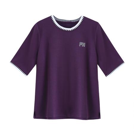 BY15510# 新款撞色圆领T恤女紫色宽松中袖简约刺绣显瘦百搭胖MM打底衫 服裝批發女裝批發服飾貨源