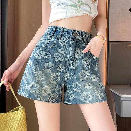 BY15511# 时髦提花牛仔短裤女夏季薄款新款宽松显瘦辣妹时尚潮流短裤子 服裝批發女裝批發服飾貨源