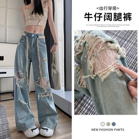 BY15512# 破洞镂空蕾丝直筒牛仔裤女春夏时尚洋气设计感阔腿宽松阔腿裤 服裝批發女裝批發服飾貨源