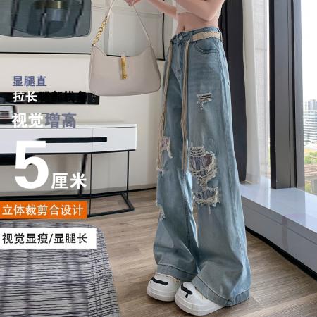 BY15512# 破洞镂空蕾丝直筒牛仔裤女春夏时尚洋气设计感阔腿宽松阔腿裤 服裝批發女裝批發服飾貨源