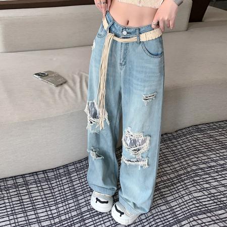 BY15512# 破洞镂空蕾丝直筒牛仔裤女春夏时尚洋气设计感阔腿宽松阔腿裤 服裝批發女裝批發服飾貨源