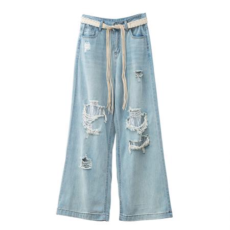 BY15512# 破洞镂空蕾丝直筒牛仔裤女春夏时尚洋气设计感阔腿宽松阔腿裤 服裝批發女裝批發服飾貨源