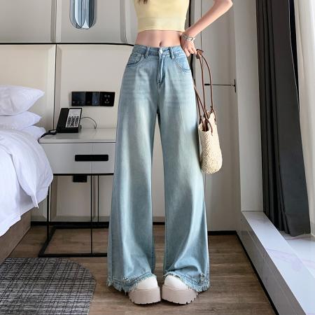 BY15513# 浅蓝色破洞毛边高腰微喇牛仔裤女春季宽松百搭休闲阔腿喇叭拖地裤 服裝批發女裝批發服飾貨源