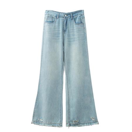 BY15513# 浅蓝色破洞毛边高腰微喇牛仔裤女春季宽松百搭休闲阔腿喇叭拖地裤 服裝批發女裝批發服飾貨源