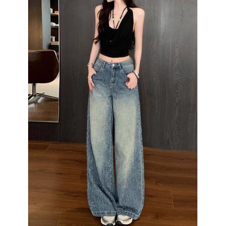 BY15514# 李李服饰满天星河烫钻阔腿牛仔裤女秋季高腰宽松高级感拖地裤 服裝批發女裝批發服飾貨源