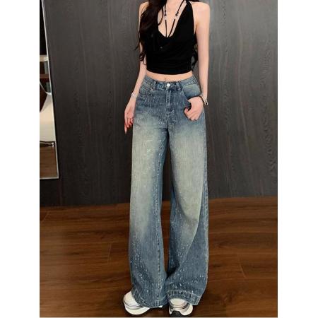 BY15514# 李李服饰满天星河烫钻阔腿牛仔裤女秋季高腰宽松高级感拖地裤 服裝批發女裝批發服飾貨源