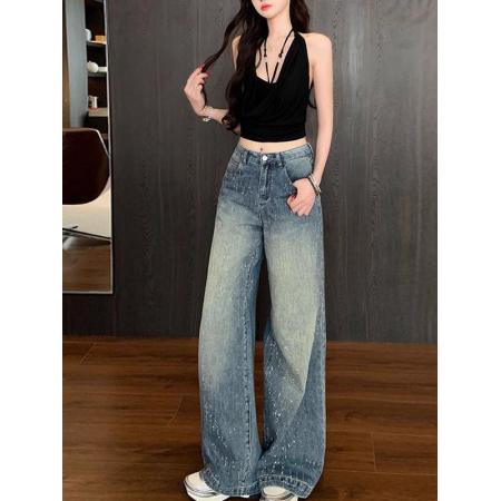 BY15514# 李李服饰满天星河烫钻阔腿牛仔裤女秋季高腰宽松高级感拖地裤 服裝批發女裝批發服飾貨源