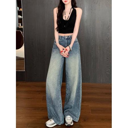BY15514# 李李服饰满天星河烫钻阔腿牛仔裤女秋季高腰宽松高级感拖地裤 服裝批發女裝批發服飾貨源