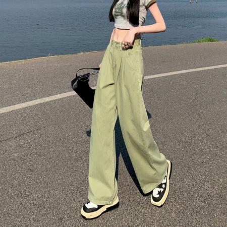 BY15515# 夏季新款绿色高腰直筒褶皱牛仔裤女显高显瘦减龄宽松阔腿裤 服裝批發女裝批發服飾貨源